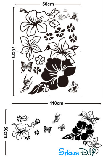 Transparent wall sticker สติ๊กเกอร์ติดผนัง ดอกชบาสีดำ (กว้าง110cm.xสูง50cm.)