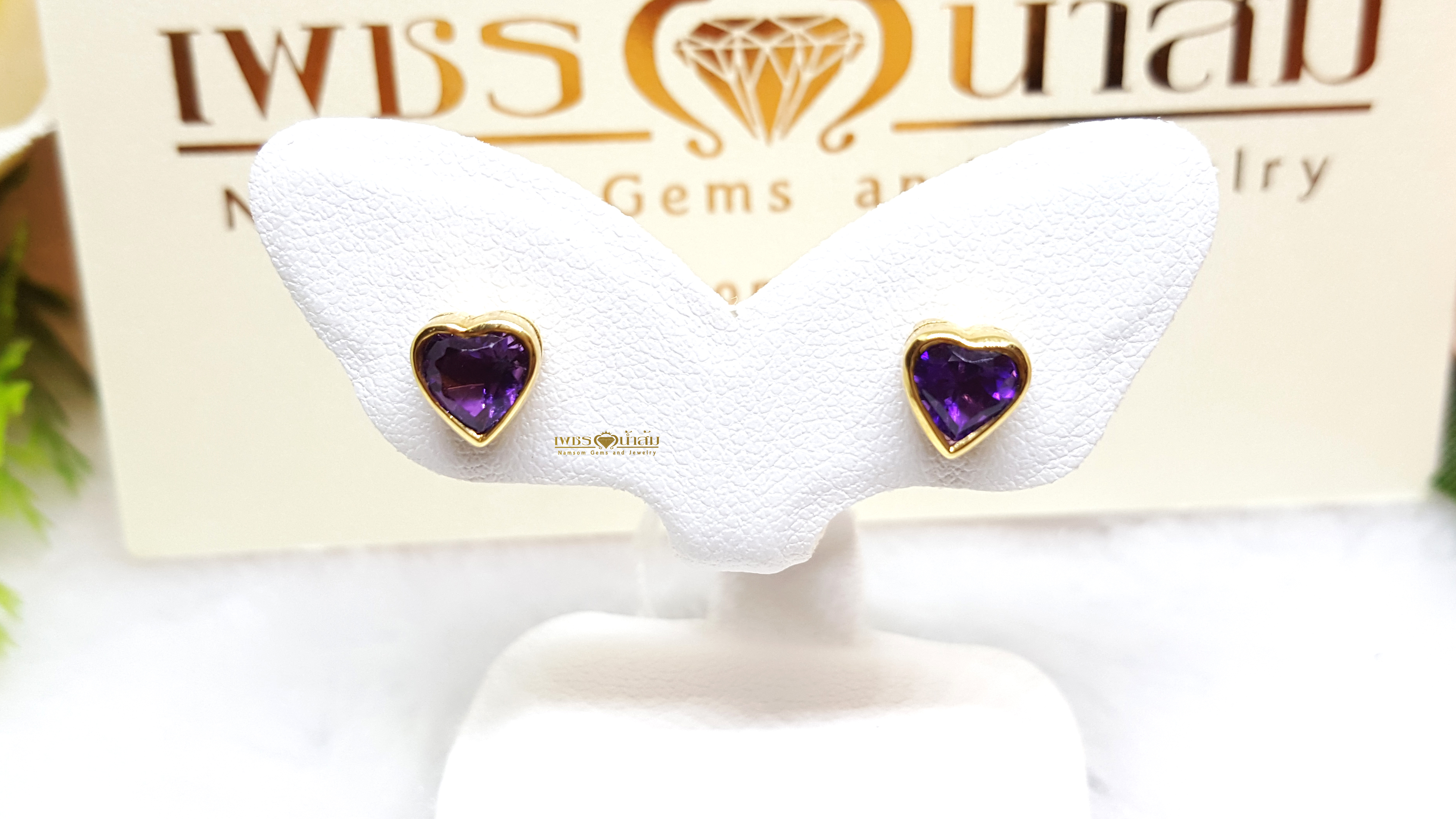 ต่างหูอเมทิสต์ Amethyst เจียรทรงหัวใจผังหุ้ม เรียบง่าย สวมใส่ได้ทุกวัน