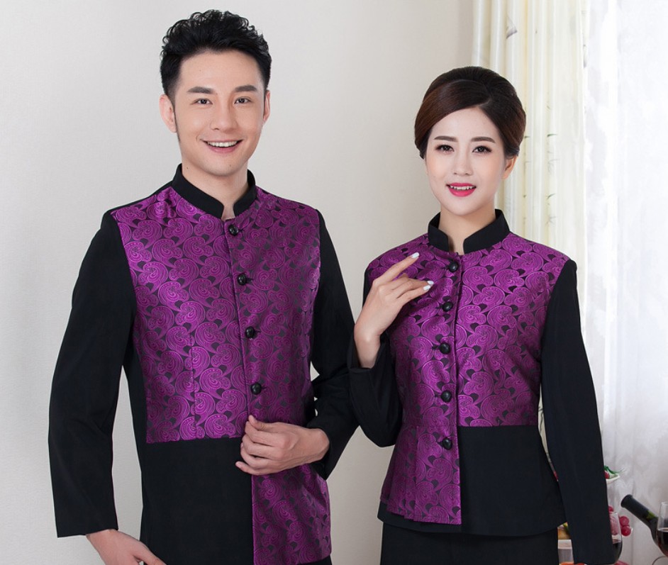 ชุดพนักงานเสริฟแบบแขนยาว ชุดพนักงานร้านอาหารสไตล์จีนแบบแขนยาว ชุดพนักงานห้องอาหารโรงแรม