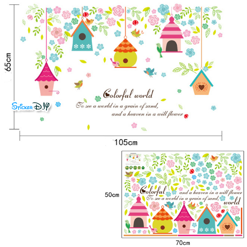 Transparent Wall sticker สติ๊กเกอร์ติดผนัง บ้านนก Colorful world (กว้าง105cm.xสูง65cm.)