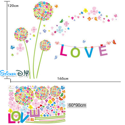 Transparent wall sticker สติ๊กเกอร์ติดผนัง ดอกไม้สีสัน LOVE (กว้าง165cm.xสูง120cm.)