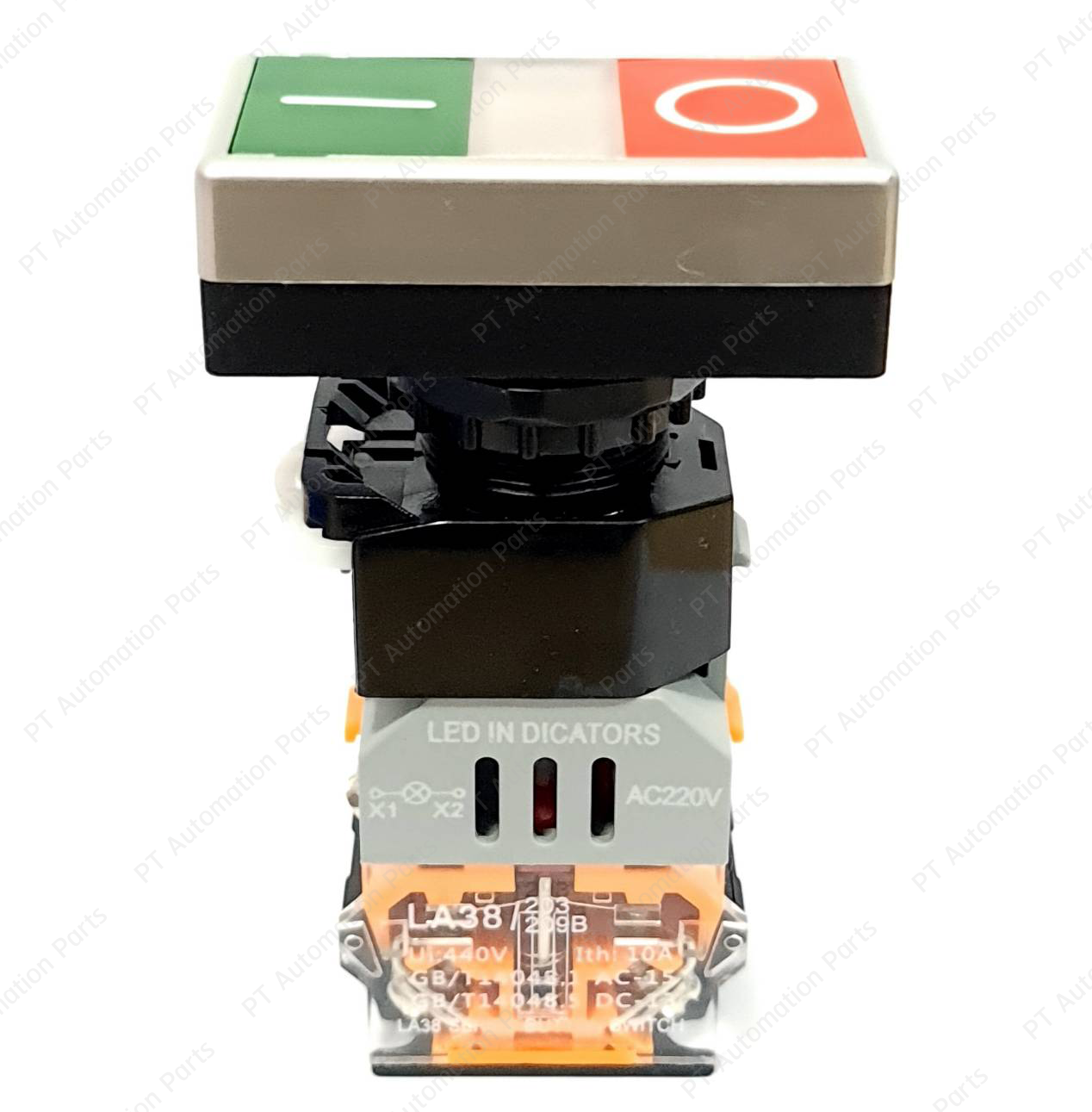 Double Push Button Switch LA38-11D/RG Self Reset Green/Red Start Stop ø22mm 10A 440V 1NO/1NC สวิตช์ปุ่มกด กดติดปล่อยดับ 2ปุ่มในตัวเดียว สีเขียว สีแดง มีไฟแสดงสถานะ LED