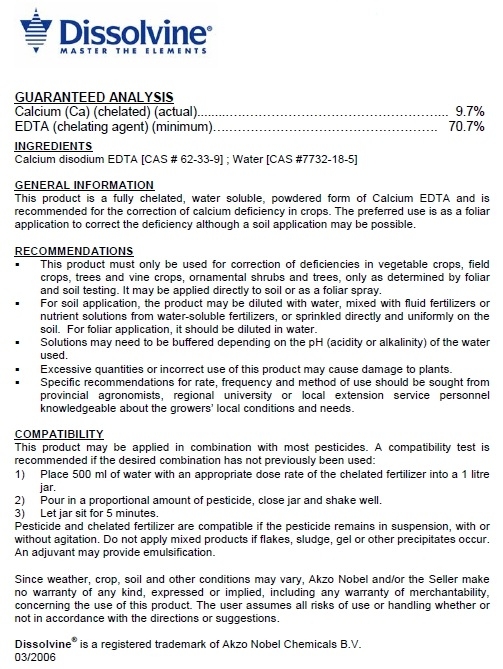 ผงจุลธาตุแคลเซียมคีเลตอีดีทีเอ 10% Dissolvine E-CA-10 (EDTA Ca 10%; Aczonobel Netherland) บรรจุ 1 กิโลกรัม