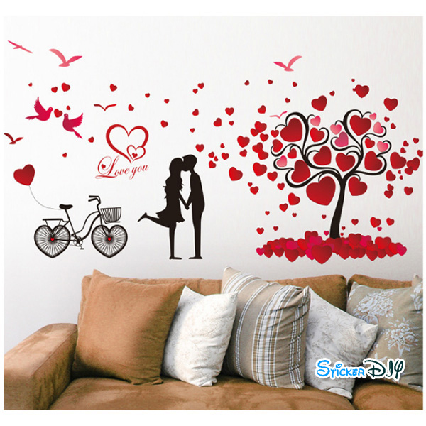 Transparent wall sticker สติ๊กเกอร์ติดผนัง ต้นไม้หัวใจแดง Love you (กว้าง147cm.xสูง72cm.)