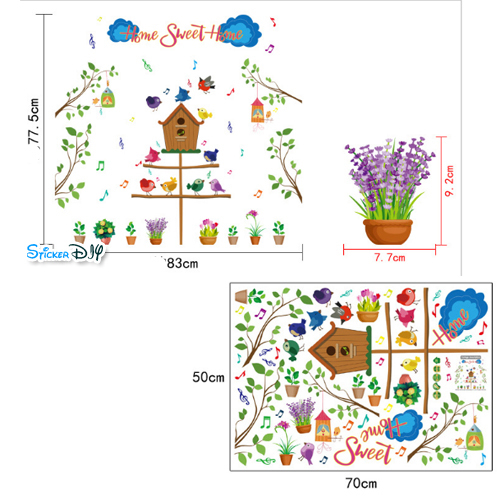 Transparent wall sticker สติ๊กเกอร์ติดผนัง บ้านนก HOME SWEET HOME SK7081 (กว้าง83cm.xสูง77.5cm.)
