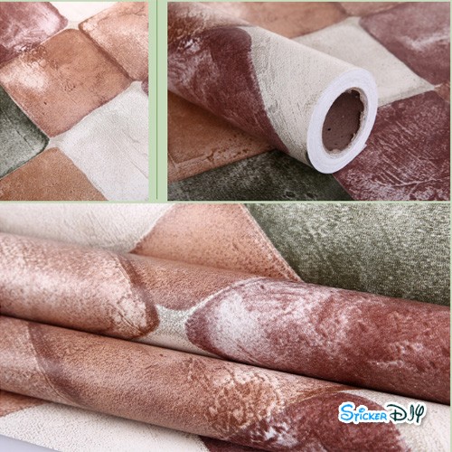 (กว้าง45cm.xยาว10m.)Wallpaper sticker วอลเปเปอร์แบบกาวในตัว หินอ่อนสี่เหลี่ยมจตุรัสสลับ สีน้ำตาลแดง