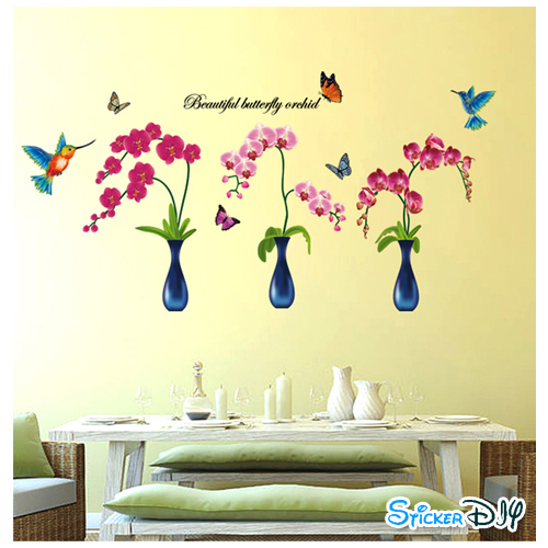 Transparent wall sticker สติ๊กเกอร์ติดผนัง 3D แจกันกล้วยไม้ (กว้าง122cm.xสูง60cm.)
