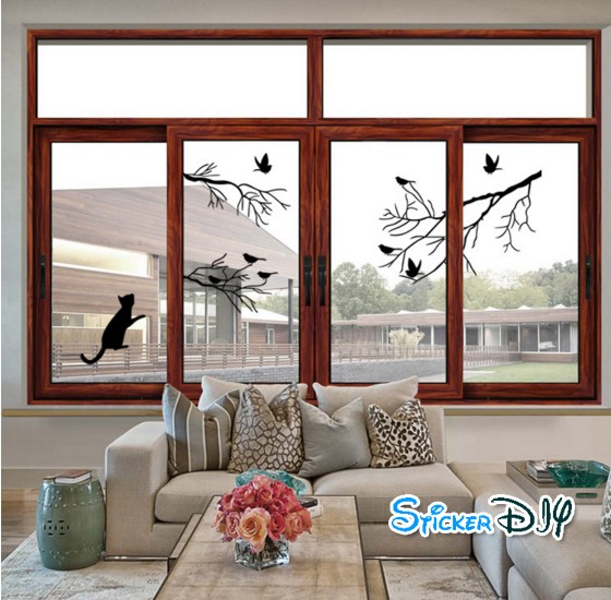 Vinyl wall sticker สติ๊กเกอร์ติดผนัง กิ่งไม้แมวและนก (กว้าง58cm.xสูง54cm.)
