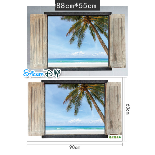 Wall Sticker สติ๊กเกอร์ติดผนังสามมิติ 3D หน้าต่าง BEACH A (กว้าง90cm.xสูง60cm.)
