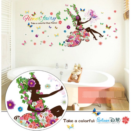 Transparent wall sticker สติ๊กเกอร์ติดผนัง Flower girl "Bird cage" (กว้าง170cm.xสูง85cm.)