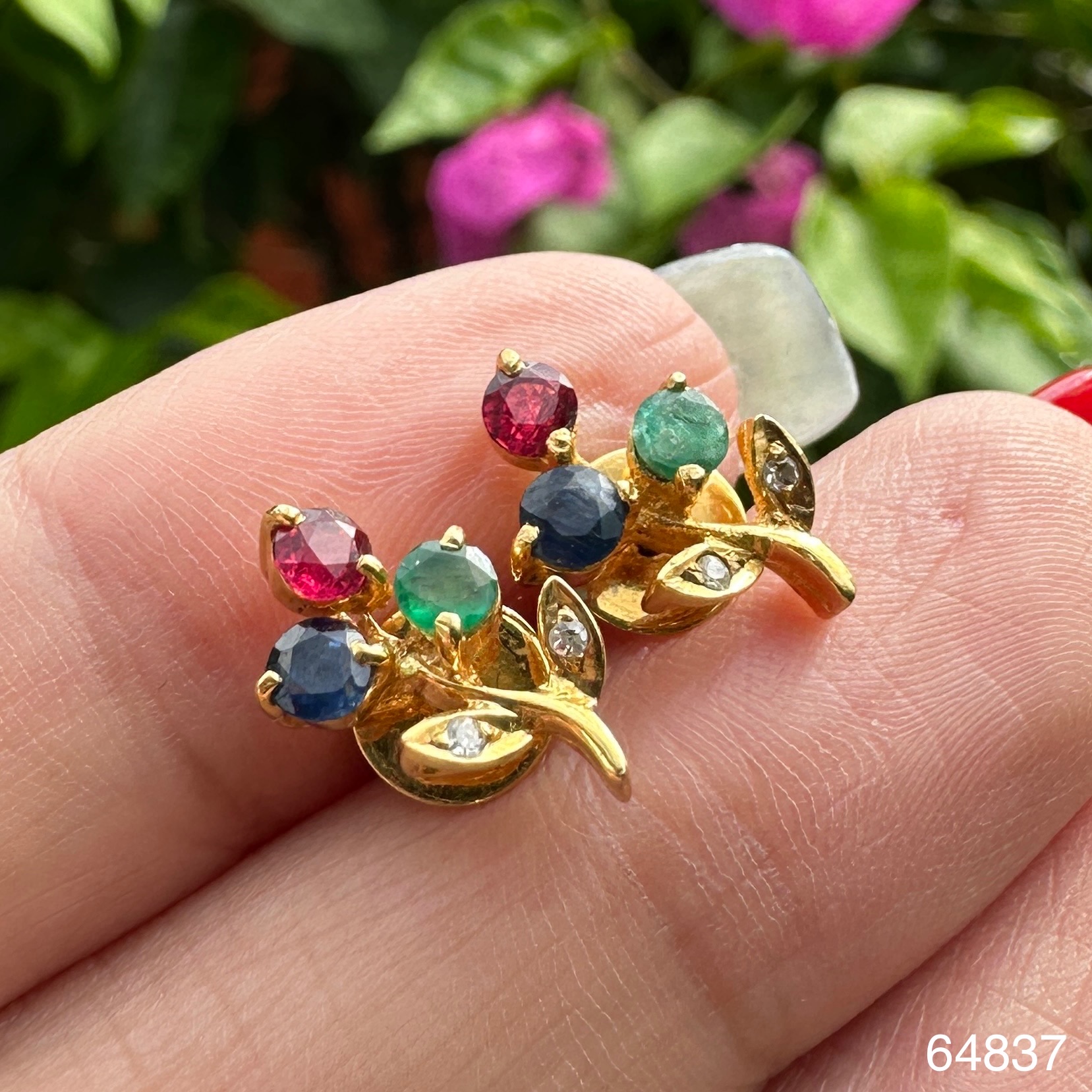 รหัส 64837 ต่างหู 3 สี ทับทิม ไพลิน มรกต เพชรกุหลาบ 4 เม็ด 0.04 กะรัต ทอง14K นน. 2.00 g