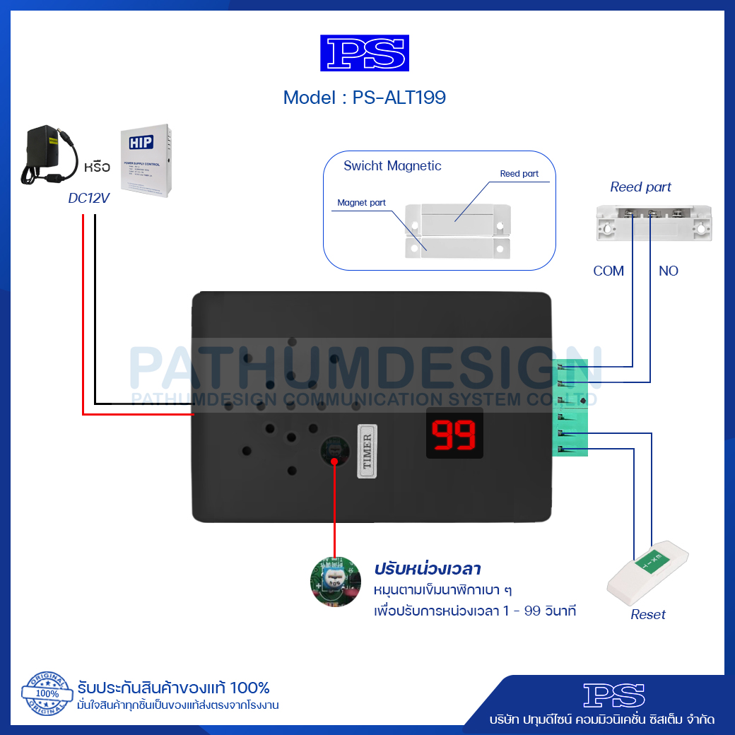 ชุดแจ้งเตือนเปิดประตูค้าง รุ่น PS-ALT199 ตั้งหน่วงเวลาได้ 1 - 99 วินาที
