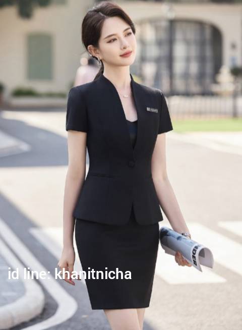 ชุดสูท ชุดพนักงานต้อนรับ ชุดคลินิคความงาม แขนสั้น สีเทา สีดำ