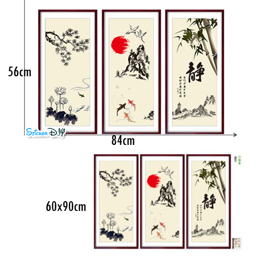 Transparent wall sticker สติ๊กเกอร์ติดผนังกรอบรูป ภาพวาดจีน XH9260 (กว้าง84cm.xสูง56cm.)