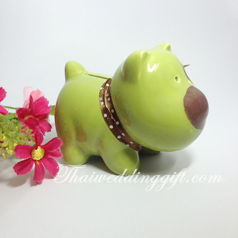 กระปุกหมาออมสิน เลือกสีได้ พร้อมสกรีนชื่อ แพ็คกล่องผูกโบว์