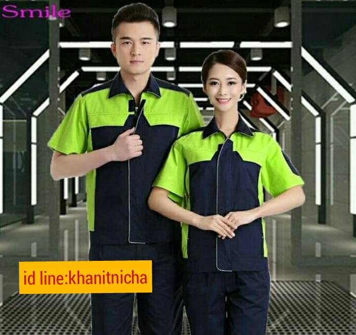 เสื้อช่างแขนสั้นสีกรมขลิบเขียว