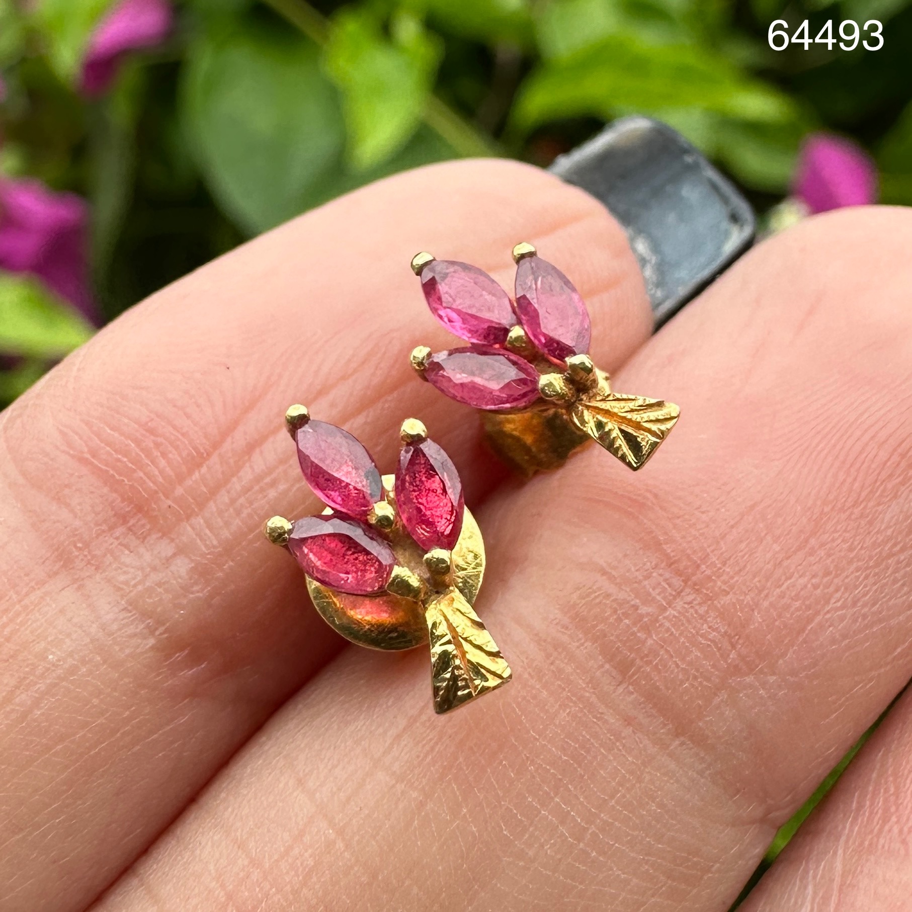 รหัส 64493 ต่างหู ทับทิม พม่า เม็ดแตง ทอง90 ใส่ติดหูได้ทุกวัน นน. 1.21 g