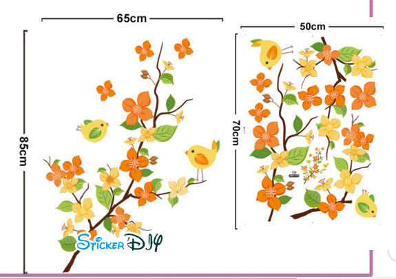 Transparent wall sticker สติ๊กเกอร์ติดผนัง กิ่งไม้นกสีส้ม (กว้าง65cm.xสูง85cm.)