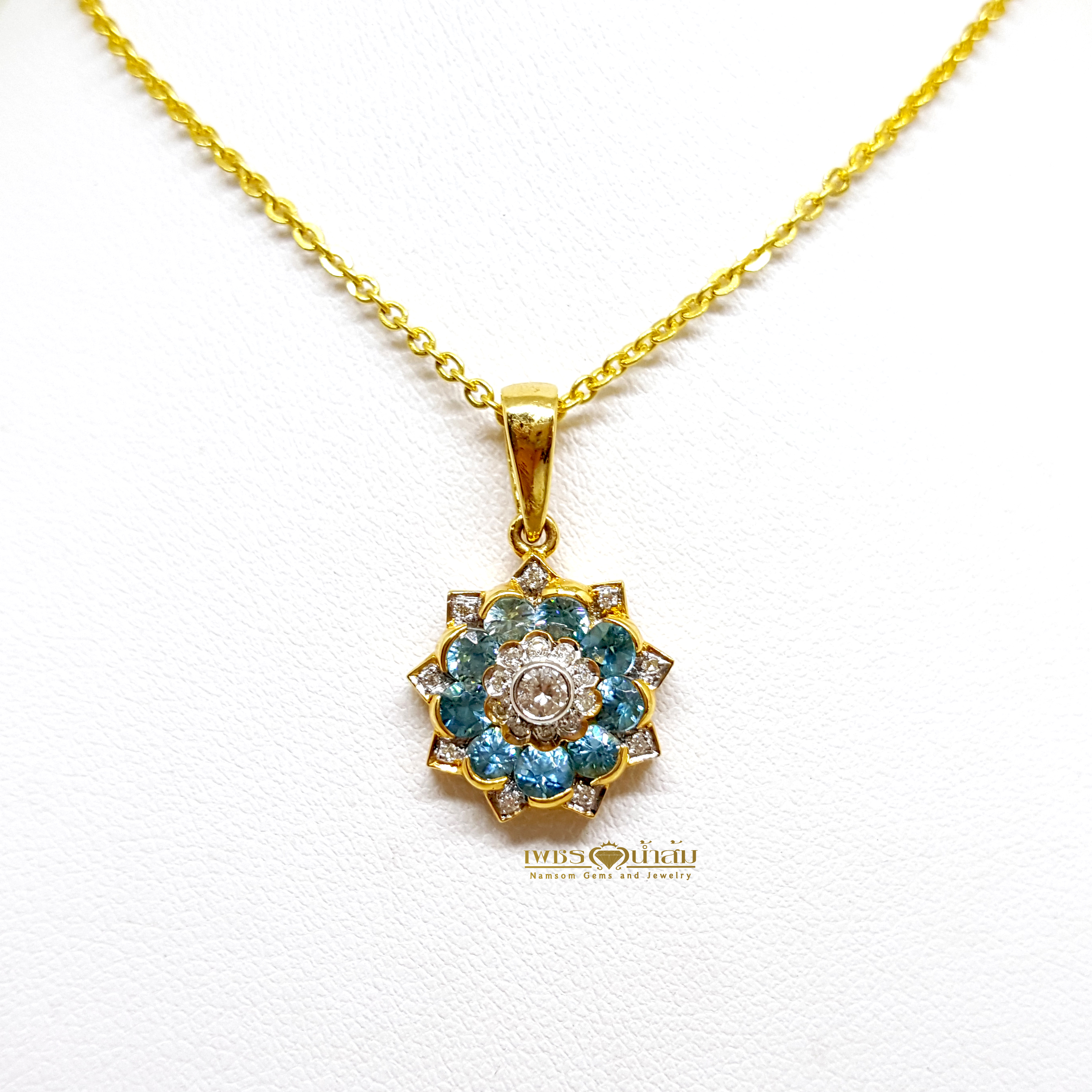 จี้พลอยเพทาย Blue Zircon สีสวยน้ำงาม งานคลาสสิก ทรงไทย