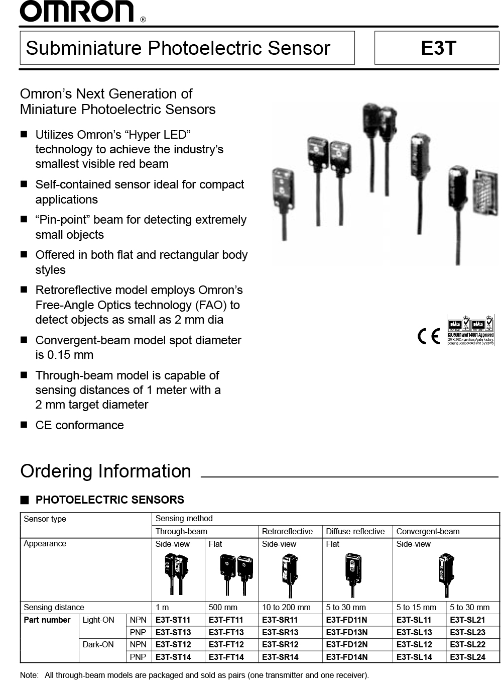 โฟโตอิเล็กทริคเซนเซอร์ OMRON E3T-ST12 2M 12-24VDC Output NPN Dark On Detection Range 1m Through Beam สายยาว 2m Photoelectric Sensor E3T Series