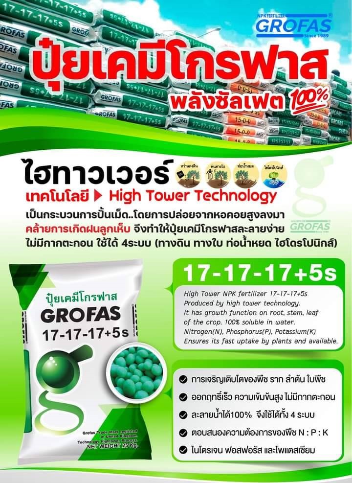 ปุ๋ยเม็ดระบบน้ำ/ทางดิน โกรฟาส GROFAS 17-17-17 +5S ปุ๋ยไฮทาวเวอร์ เม็ดเขียวมรกต ไม่มีคลอไรด์ บรรจุ 25 กิโลกรัม