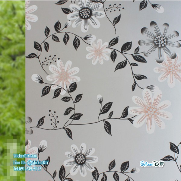(กว้าง90cmxยาว74cm.) สติ๊กเกอร์ฝ้าติดกระจก แบบมีกาวในตัว แนวธรรมชาติ "Orange flower"