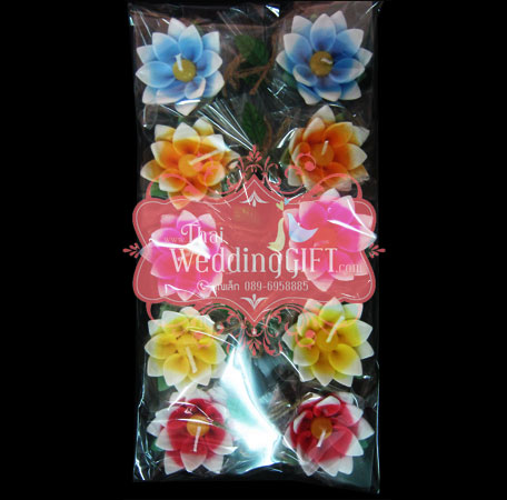 เทียนหอมลอยน้ำดอกบัว แพ็คถุงแก้ว ผูกเชือกพร้อมใบไม้