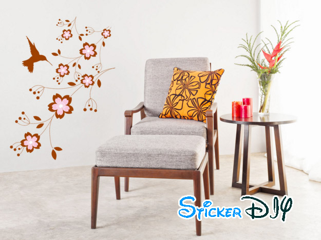 Transparent wall sticker สติ๊กเกอร์ติดผนัง ดอกไม้ทูโทนและนก (กว้าง48cm.xสูง76cm.)