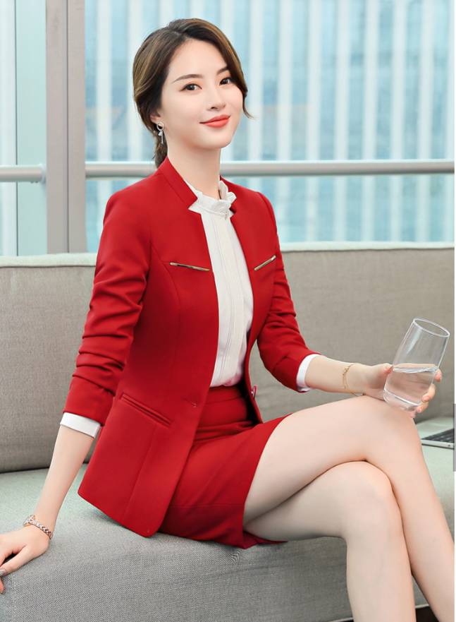 ชุดสูทกระโปรงสีแดง ชุดสูทกางเกงสีแดง สีเทา สีดำ ชุดพนักงานออฟฟิศ ชุดพนักงานต้อนรับโรงแรม