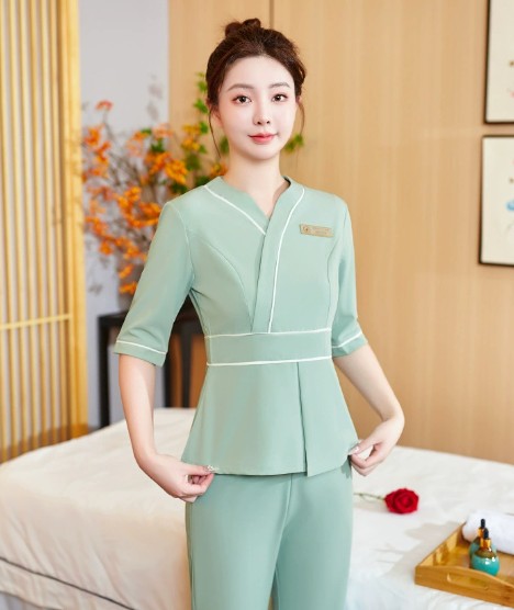 ชุดนวดสปา ชุดพนักงานซาวน่าเสริมสวย ชุดพนักงานนวด สีเขียว สีขาว ไซส์ S-7XL