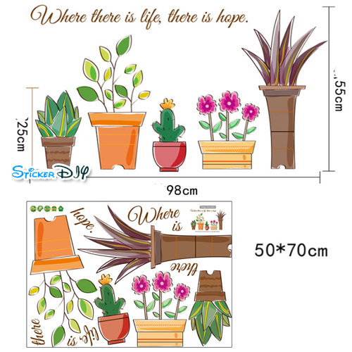 Transparent wall sticker สติ๊กเกอร์ติดผนัง กระถางต้นไม้ "Where there is life&hope" (กว้าง98cm.xสูง55cm.)