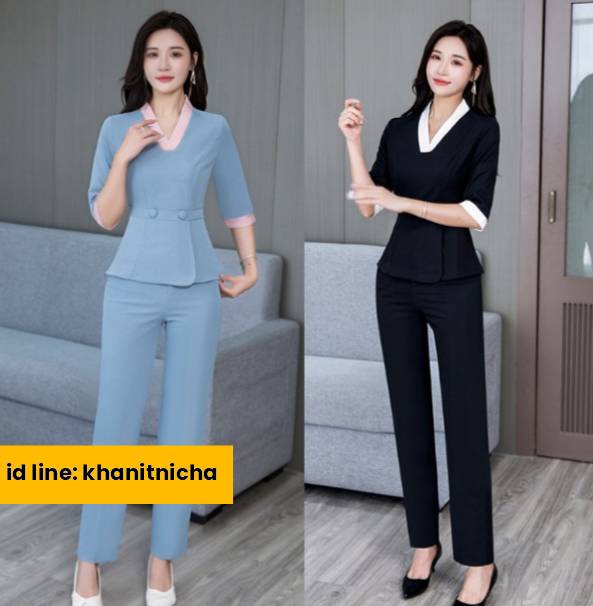ชุดช่างเสริมสวย ชุดนวดสปา ชุดพนักงานต้อนรับแขนกลาง สีฟ้า สีดำ