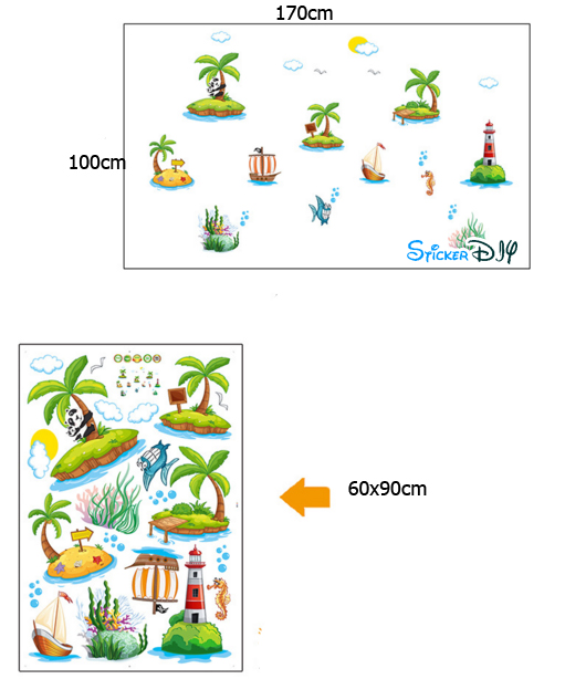 Transparent wall sticker สติ๊กเกอร์ติดผนัง Panda Island (กว้าง170cm.xสูง100cm.)