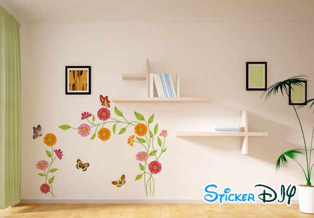 Transparent wall sticker สติ๊กเกอร์ติดผนัง ดอกเบญจมาศและผีเสื้อ (กว้าง100cm.xสูง90cm.)