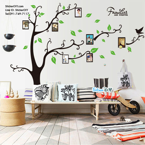 Transparent Wall Sticker สติ๊กเกอร์ติดผนัง กรอบรูปต้นไม้(ซ้าย)ใบเขียว สีดำ (กว้าง170cm.xสูง120cm.)