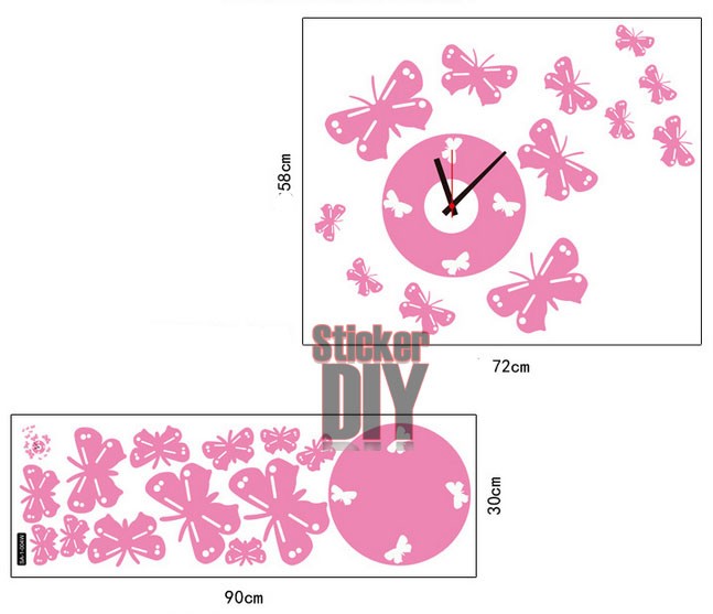 Wall clock sticker สติ๊กเกอร์นาฬิกาติดผนัง Pink Butterflies (กว้าง72cm.xสูง58cm.)
