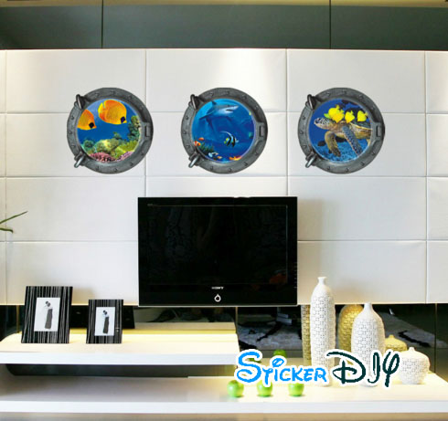 Wall sticker สติ๊กเกอร์ติดผนัง 3D OCEAN สไตล์ B (กว้าง33cmxสูง33cm จำนวน3ชิ้น ติดได้Freesize)