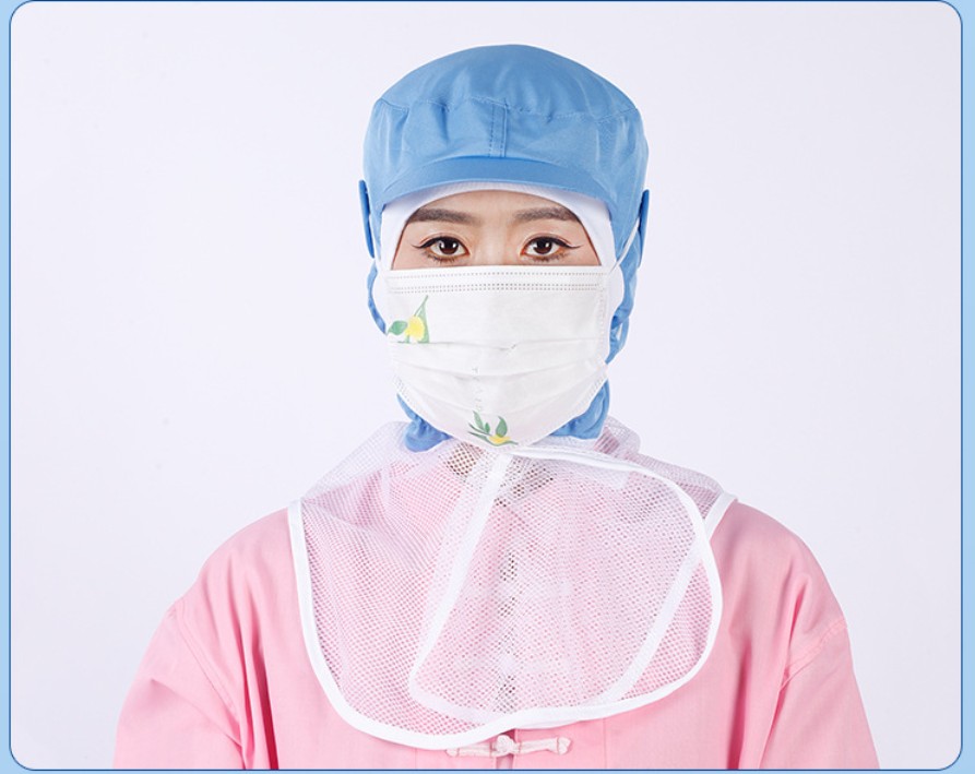 หมวกโรงงาน หมวกอนามัยป้องกันฝุ่น หมวกโรงงานคลุมไหล่ สีฟ้า สีขาว