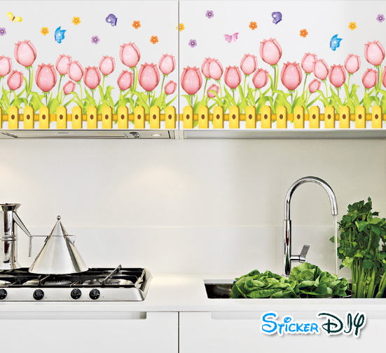 Wall sticker สติ๊กเกอร์ติดผนัง รัวไม้ Tulip สีชมพู (กว้าง138cm.xสูง35cm.)