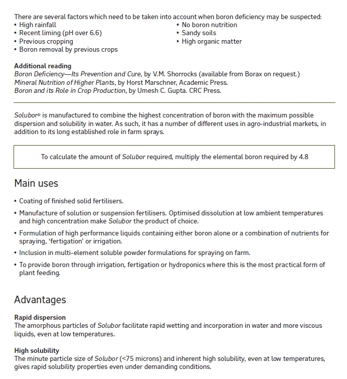 Solubor โซลูบอร์ ผงจุลธาตุโบรอน 20.5% (Disodium Octaborate Tetrahydrate) บรรจุ 25 กิโลกรัม