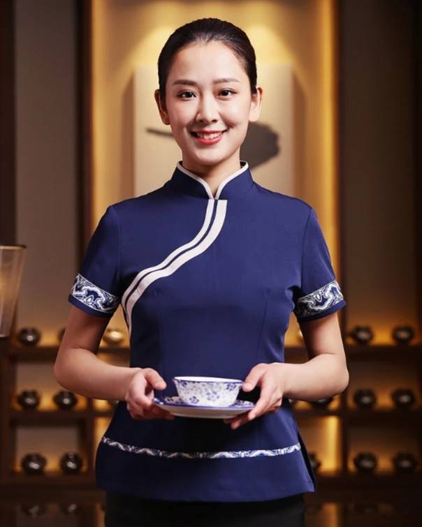 ชุดพนักงานร้านอาหารจีนสไตล์โมเดิร์น ชุดฟอร์มพนักงานต้อนรับ ชุดพนักงานเสริฟ