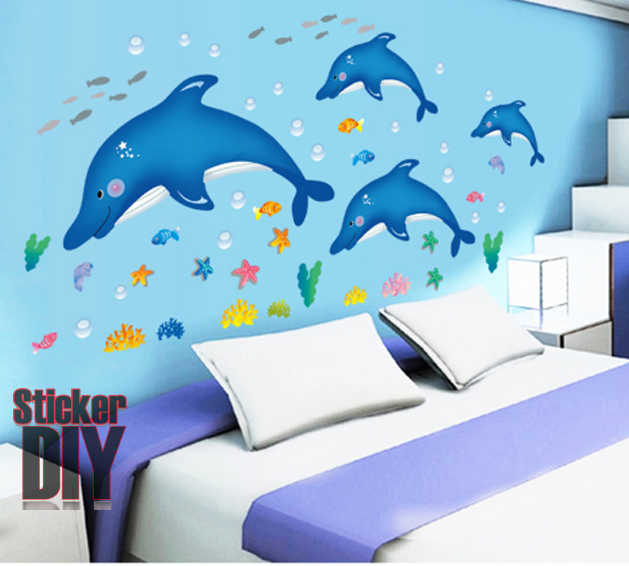 Transparent Wall sticker สติ๊กเกอร์ติดผนัง ฝูงโลมาใต้ท้องทะเล (กว้าง162cm.xสูง80cm.)