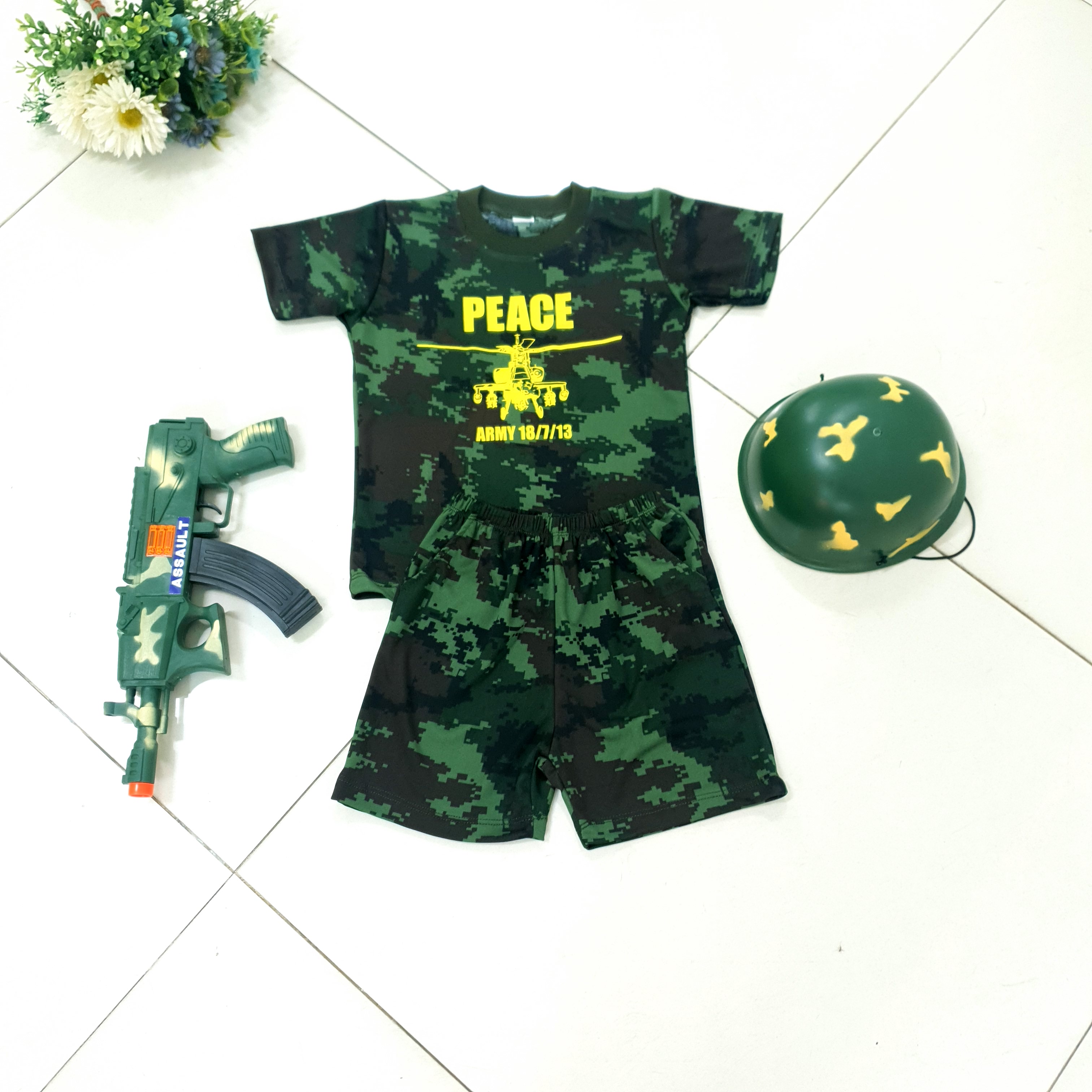 ชุดทหารเด็กลายพรางดิจิตอลผ้าไมโคร เนื้อมันลื่น เสื้อแขนสั้นกางเกงขาสั้น มีไซร์ s-4XL งานไทยพร่อมส่ง