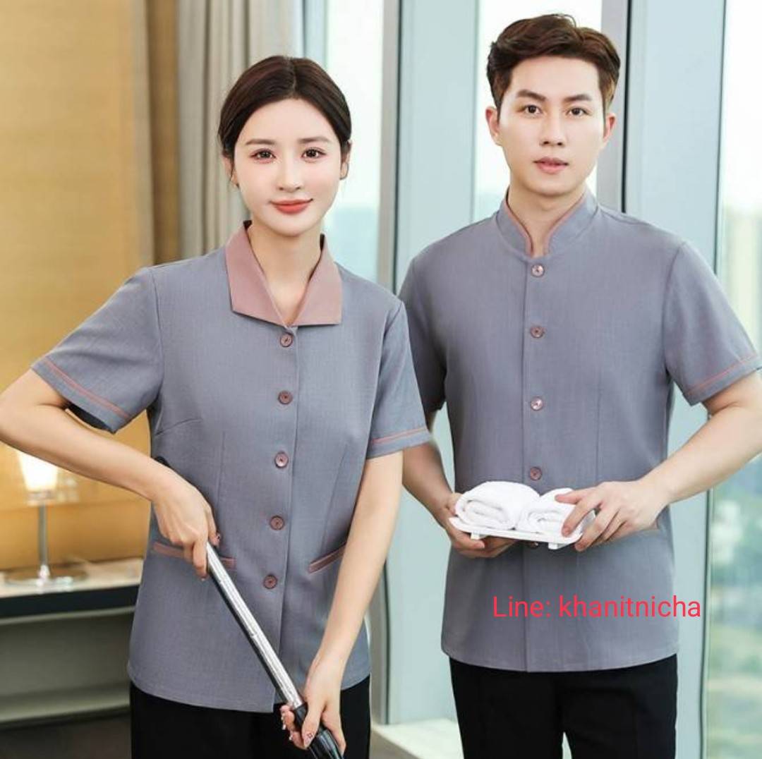 เสื้อพนักงานทำความสะอาดแขนสั้น ชุดพนักงานทำความสะอาดโรงพยาบาล ชุดพนักงานทำความสะอาดห้องพักในโรงแรม สีเขียวอ่อน สีฟ้า สีเทา
