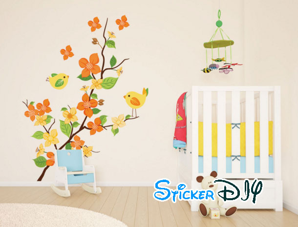 Transparent wall sticker สติ๊กเกอร์ติดผนัง กิ่งไม้นกสีส้ม (กว้าง65cm.xสูง85cm.)