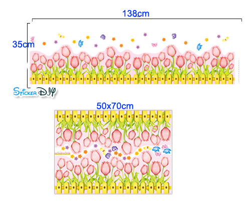 Wall sticker สติ๊กเกอร์ติดผนัง รัวไม้ Tulip สีชมพู (กว้าง138cm.xสูง35cm.)