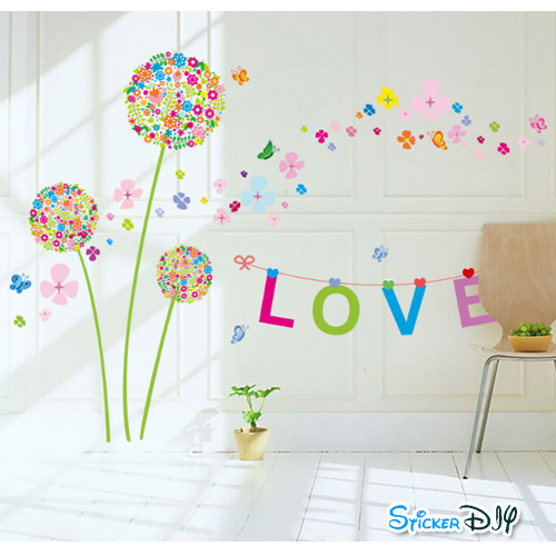Transparent wall sticker สติ๊กเกอร์ติดผนัง ดอกไม้สีสัน LOVE (กว้าง165cm.xสูง120cm.)