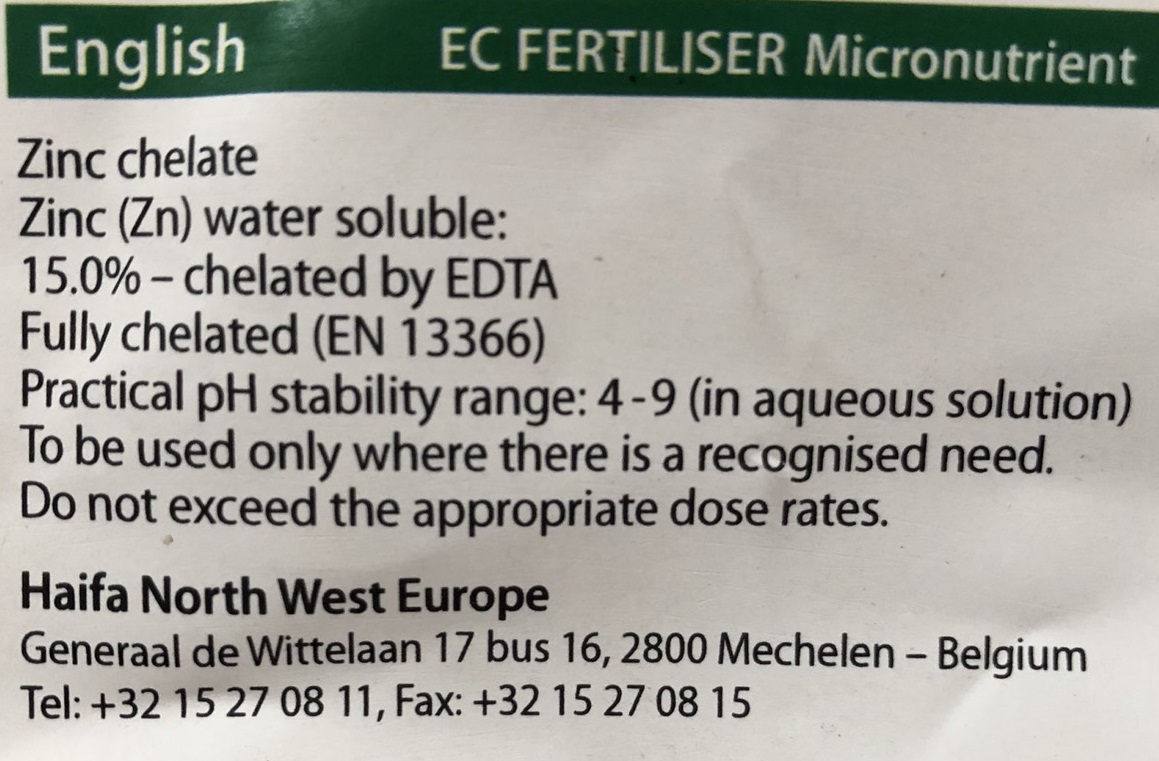 ธาตุสังกะสี(ซิงค์)คีเลตอีดีทีเอ 15% Haifa Micro Zn-EDTA (Zn 15%) บรรจุ 1 กิโลกรัม (R)