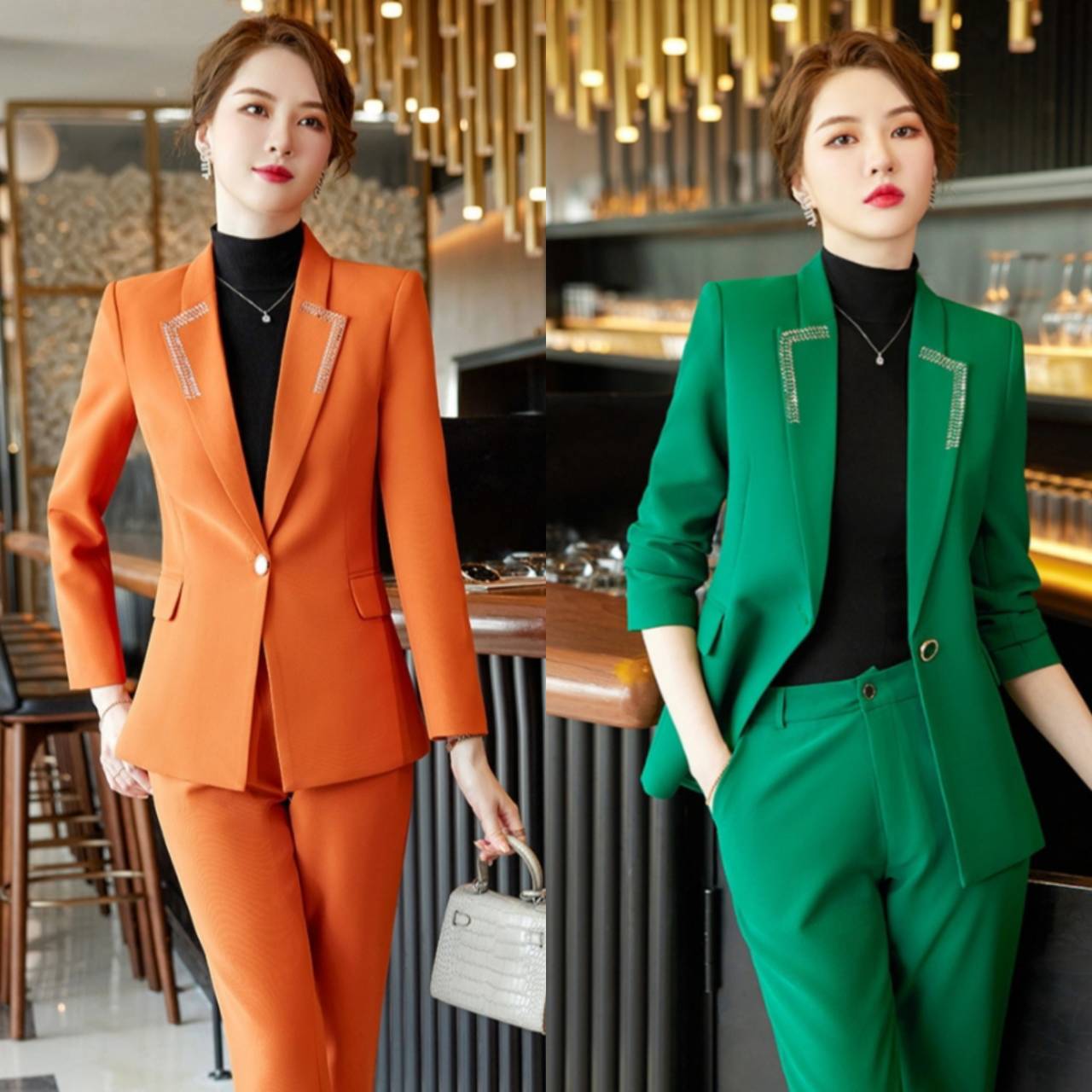 ชุดพนักงานต้อนรับโรงแรม ชุดพนักงานคลินิกความงาม ชุดสูทสีส้ม สีเขียว สีดำ