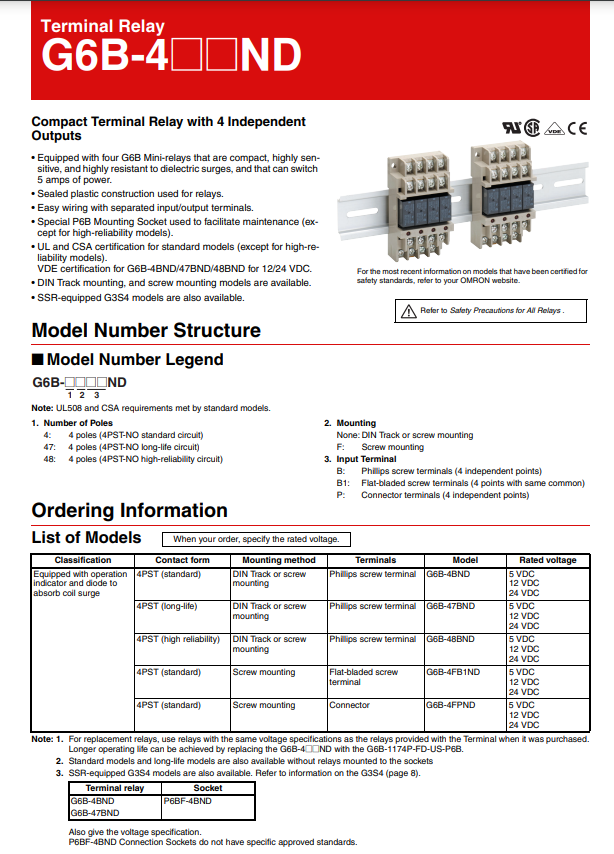 เทอร์มินอล รีเลย์ Terminal Relay OMRON G6B-4BND G6D-F4B Coil 24VDC 5A / 3A 250V 4 poles (4PST-NO standard circuit) ออมรอน รีเลย์แผง ติดตั้งแบบยึดรางปีกนก